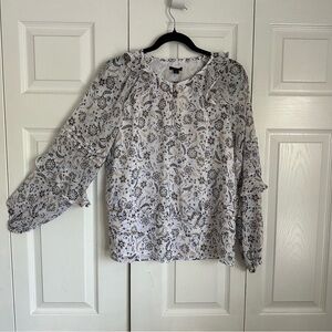 Ann Taylor Womens Puff Sleeve Semi Sheer Ruffle Floral Top Sz S Keyhole Neck